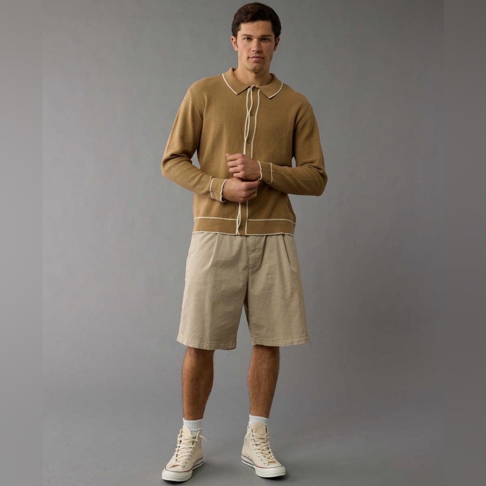 AE American Eagle Long-Sleeve Tipped Waffle Sweater Polo Shirt L Tan Grandpa